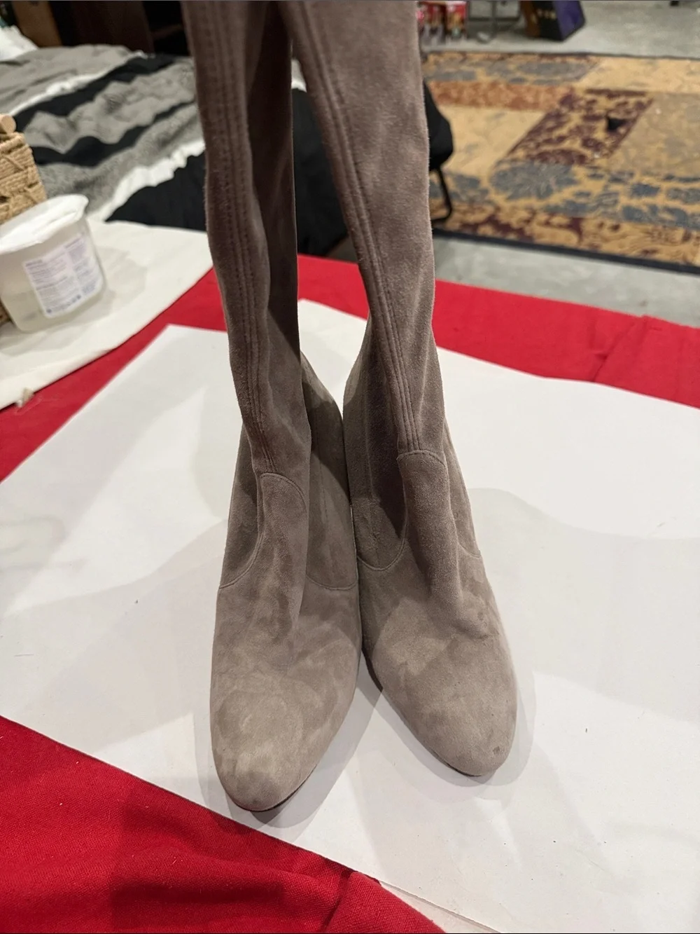 Stuart Weitzman Taupe Suede Over-the-Knee Block Heel Boots
